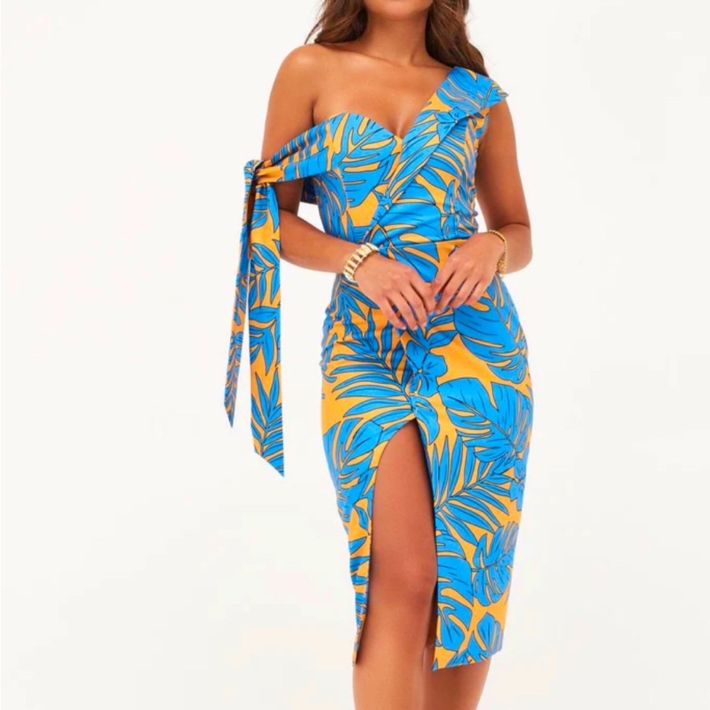 Tie Sleeve Wrap Midi Dress With Fold In Palm Print UK 10 by brand Lavish Alice.